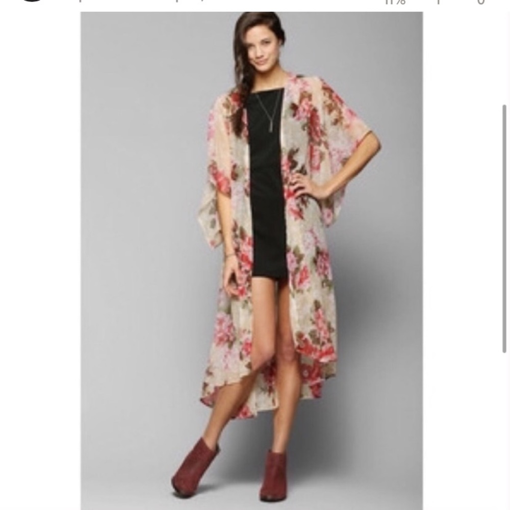 Rose floral see-through long kimono duster romantic coverup Boho cardigan